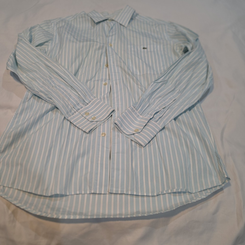 Lacoste Button Down Shirt Mens 40 Blue White Striped Long Sleeve Cotton 1613